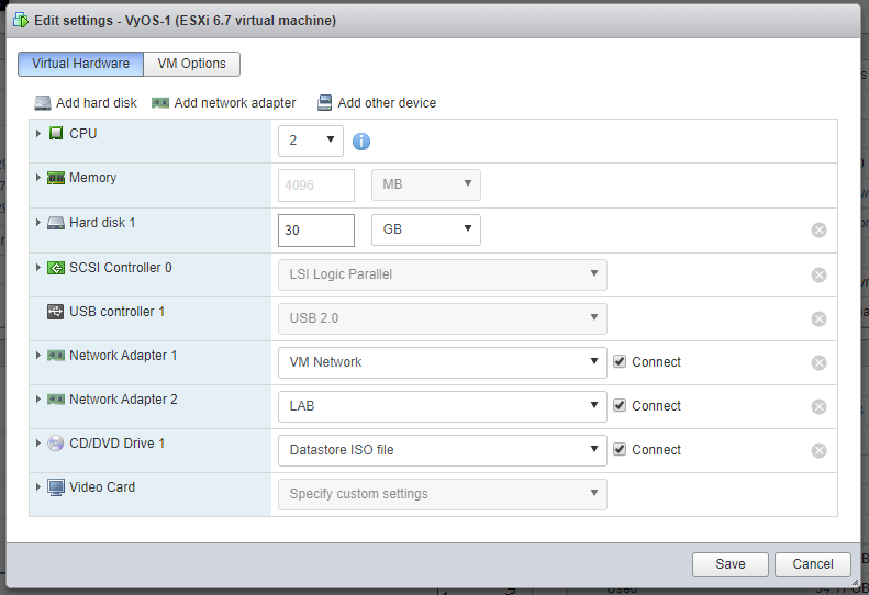 VyOS virtual machine settings